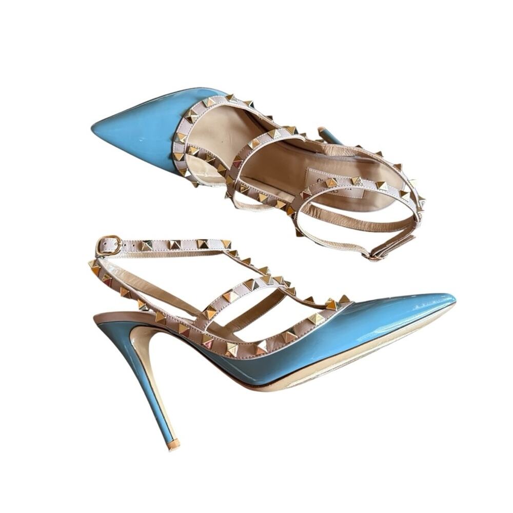Valentino Garavani Rockstud  Blue Ciel Leather T Ankle Strap Pumps EU 38 US 8 - Picture 8 of 14